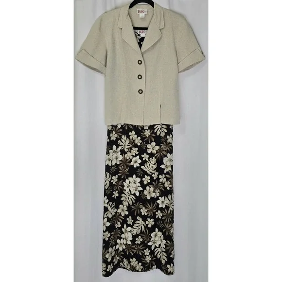 Vtg R&K Originals Women Sz 8 Shift Dress Maxi w/Linen Jacket Black Beige Floral - Picture 1 of 11